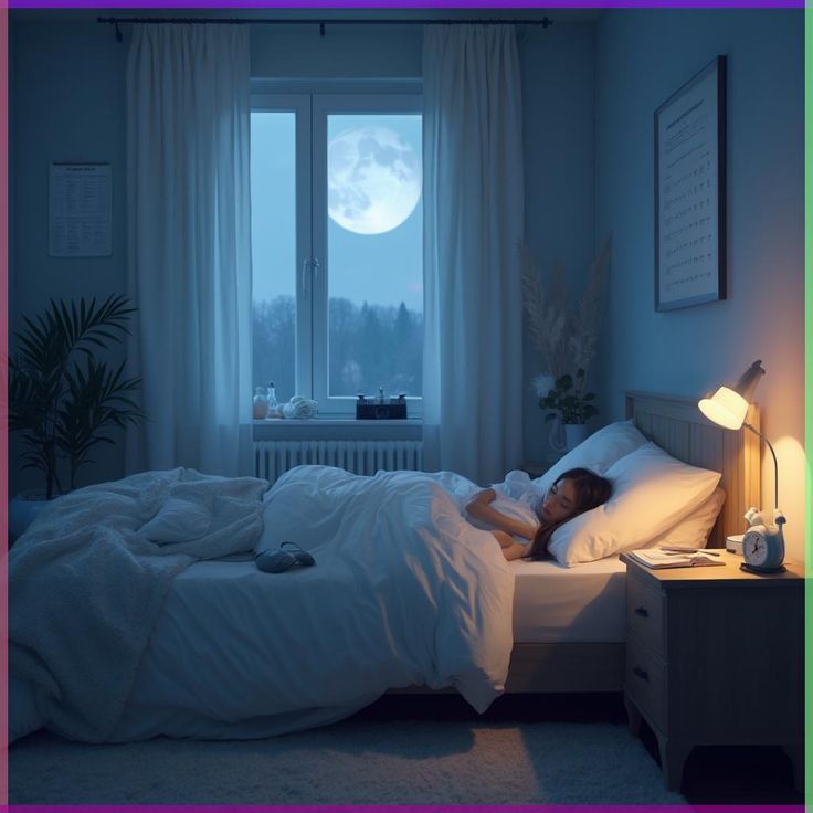 Moonlit bedroom environment illustration for nighttime relaxation