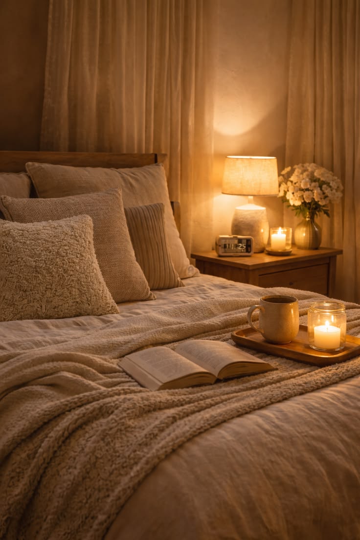 Warm-toned bedroom ambience illustration for sleep environment preparation